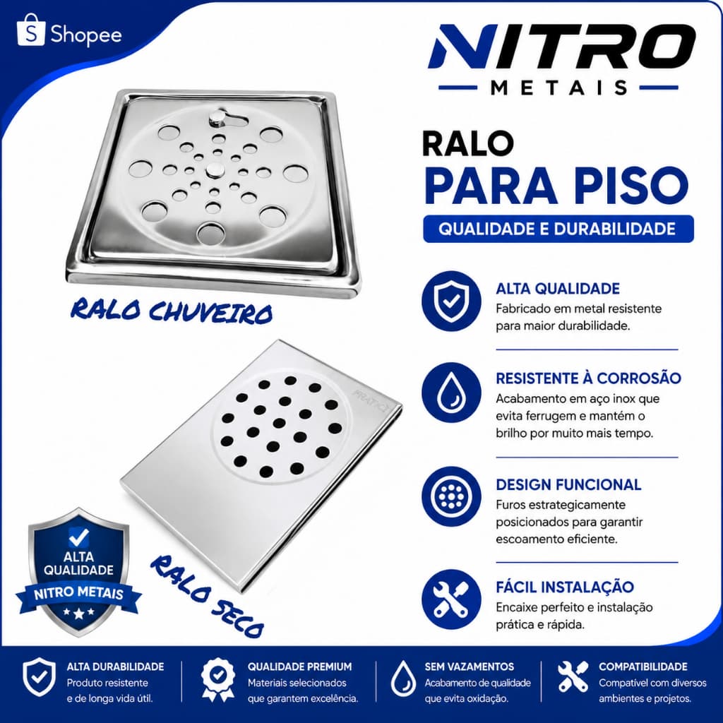 Ralo Inteligente Falso De Escoamento Para Box Em Aço  Banheiro Pratic + Ralo Grelha 10x10