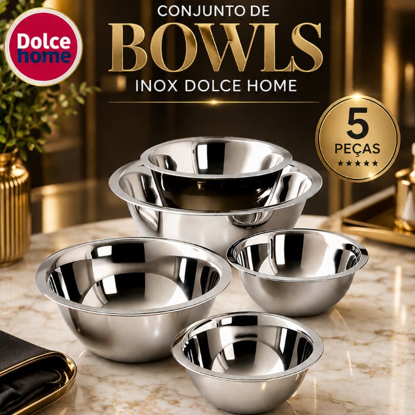 Conjunto de Bowls Inox Dolce Home 5 Peças Premium | Tigelas de Aço Inoxidável Resistentes para Cozinha
