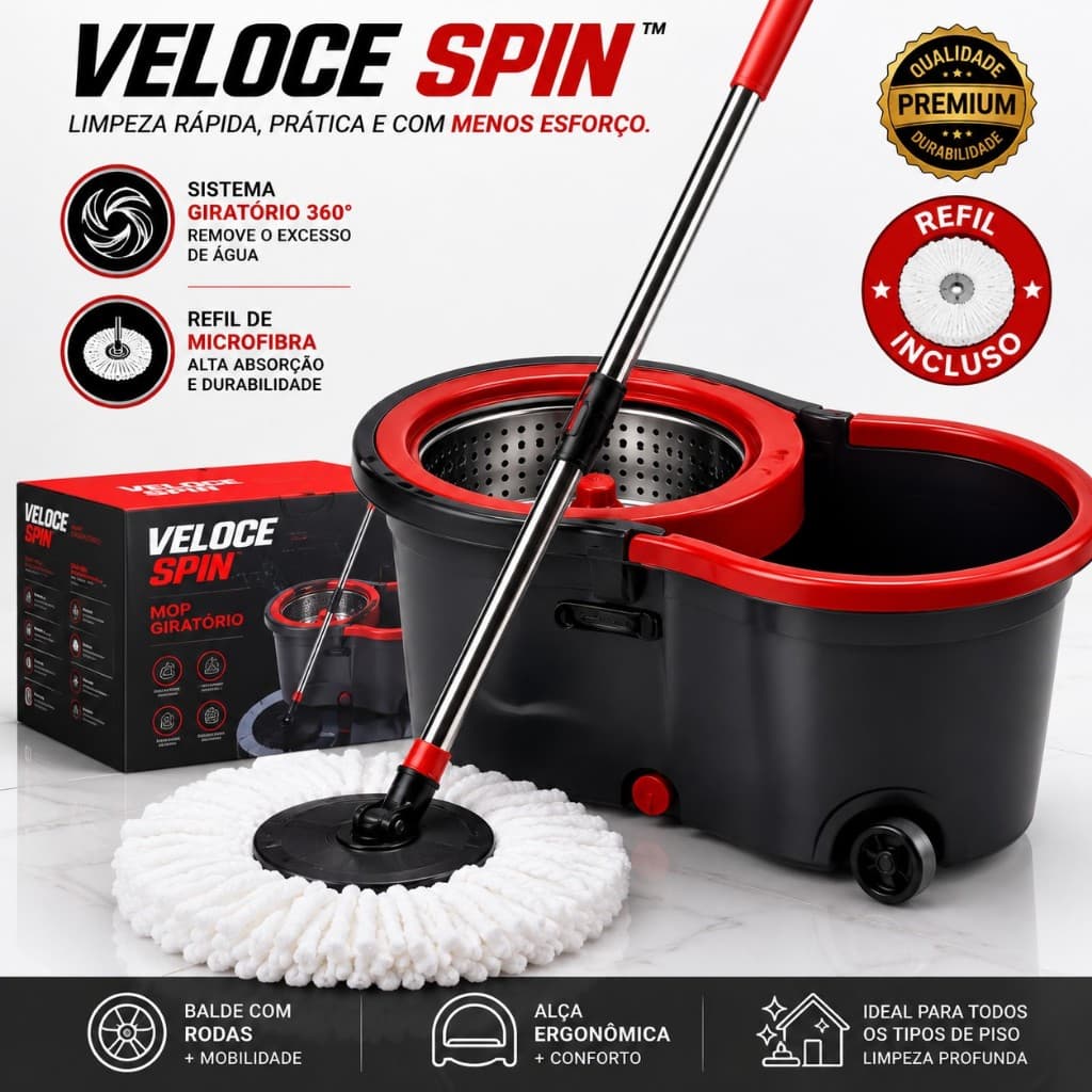 Mop Giratório 360 Veloce Spin Balde Inox com Rodas Refil Microfibra Limpeza Fácil