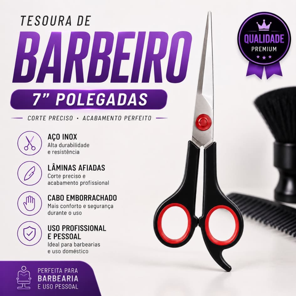 Tesoura Profissional  7" Polegadas Barbeiro Aço Inox Cabelo Salão Artesanato Papelaria Ponta Fina