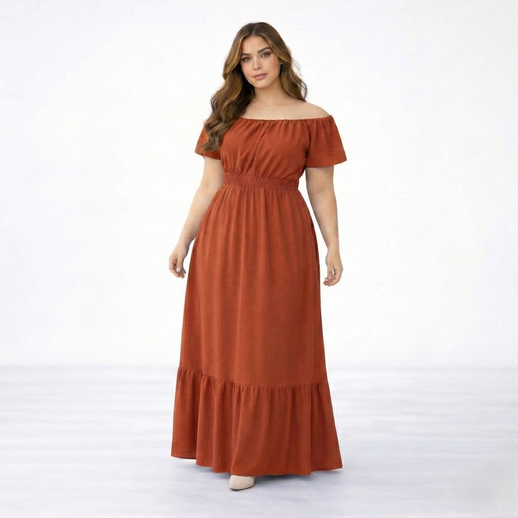 Vestido Longo Plus Size Evangélica Ombro a Ombro Com Lastex
