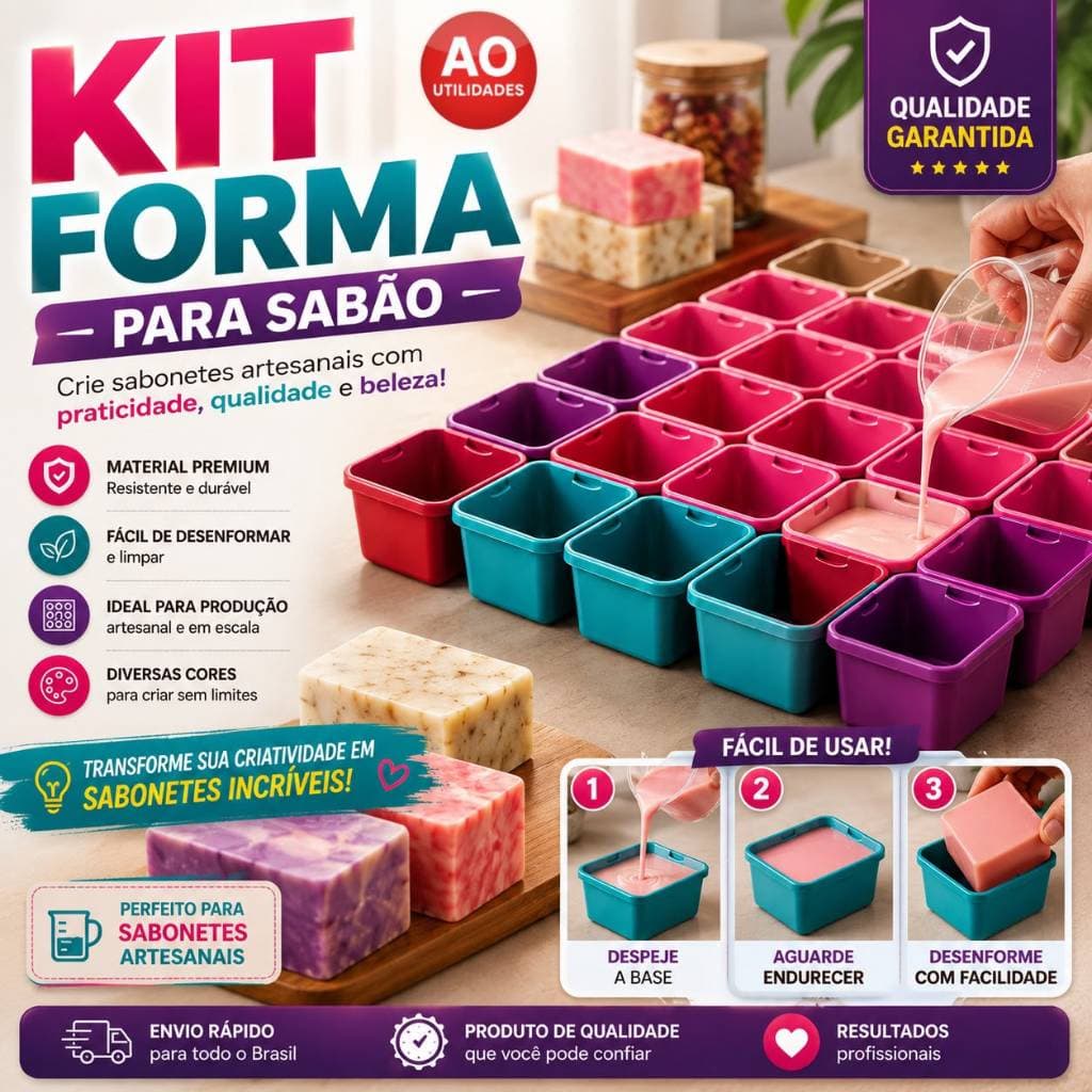 Kit Formas Molde Sabão e Sabonete Artesanal 250ml Plástico Reforçado Molde Barra Multiuso Acompanha Tampa