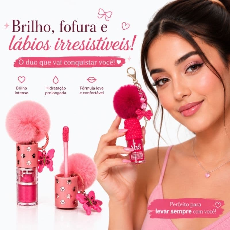kit gloss labial fofos colecionáveis com pompom chaveiro gloss frutinha lip oil brilho labial fofo