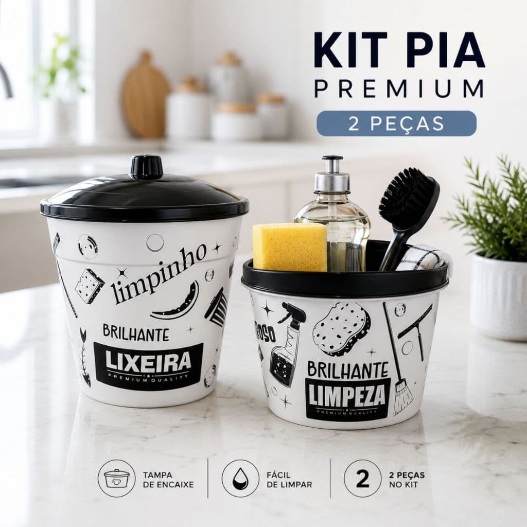 Kit Pia 2 Peças Lixeira 2,8L com Tampa + Porta Multiuso Organizador de Pia Cozinha Moderno