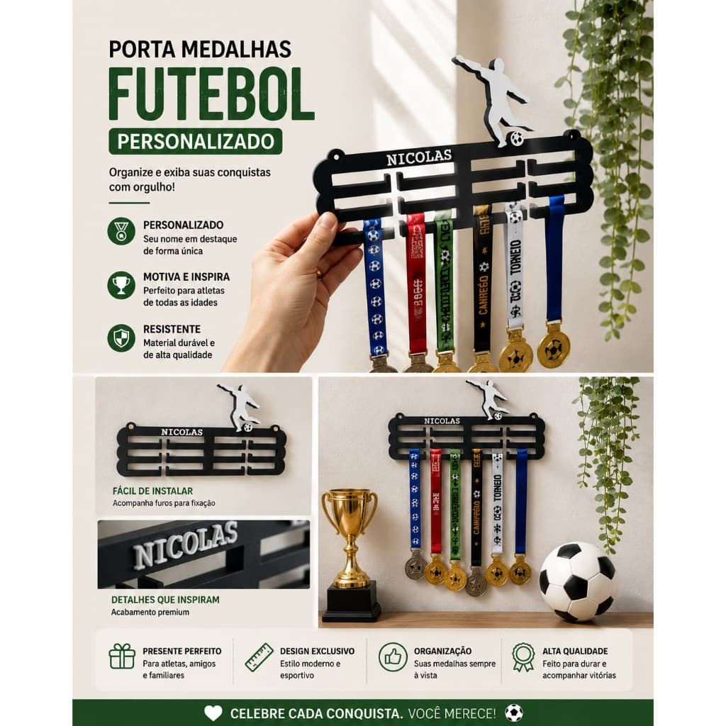 Expositor de Medalhas Personalizado com Nome Futebol Porta Medalhas Impressão 3D Decorativo