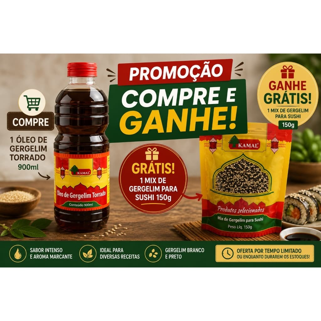 COMPRE ÓLEO DE GERGELIM TORRADO 900ML E GANHE GRÁTIS 1 MIX DE GERGELIM PARA SUSHI 150gr