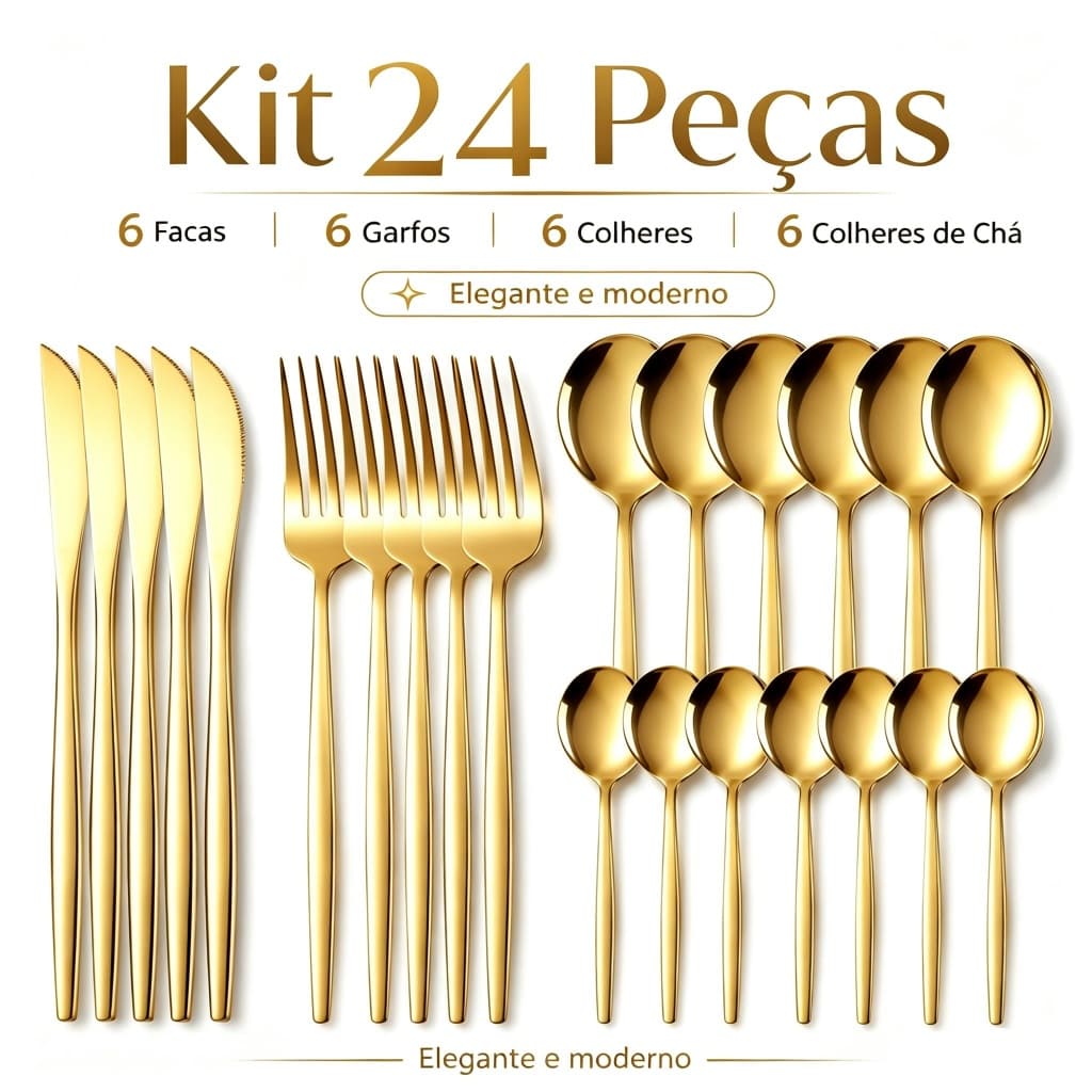 Kit Talheres 24 Peças Luxo | Garfos, Facas e Colheres em Aço Inoxidável Dourado