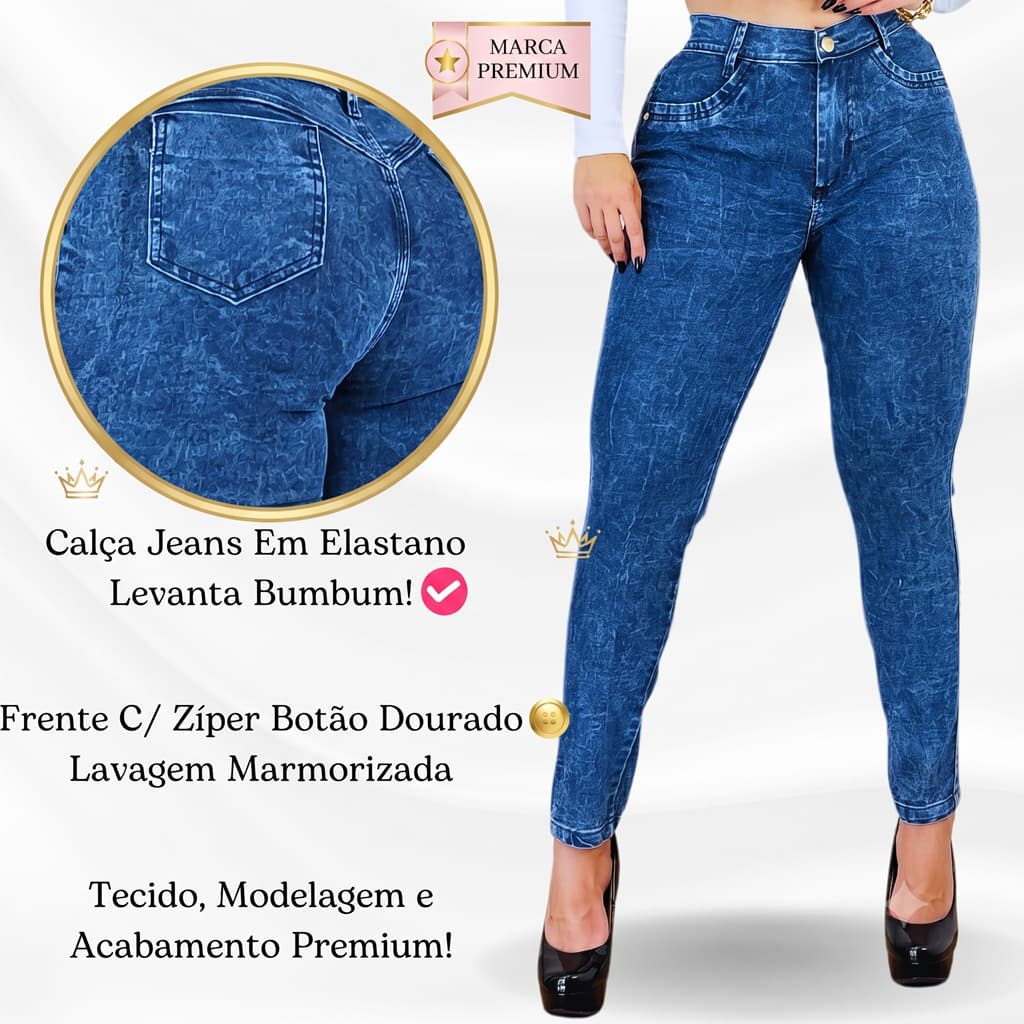 Calça Jeans Feminina Marmorizada Cintura Alta Levanta bumbum com Lycra Zíper e Botão