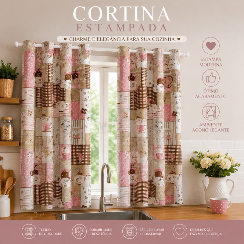 Cortina para Cozinha 2,00x1,30m Estampada com Ilhós Branco Decorativa