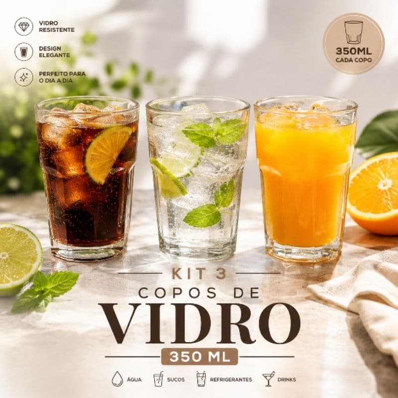 Kit 3 Copos Vidro 350ml Casa Blanca Água Suco Refrigerante Bar
