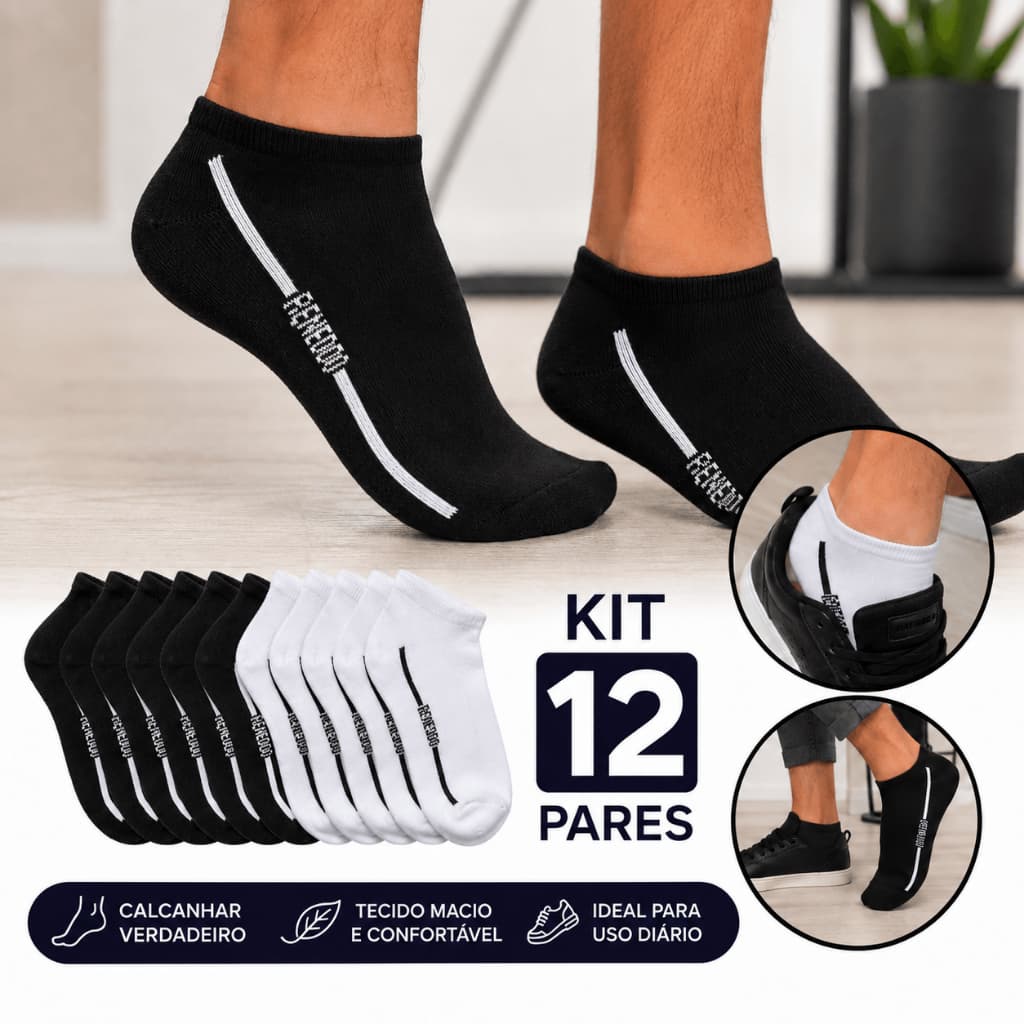 Kit 12 Pares de Meias Sapatilha Masculina Atoalhada Malha Lisa Cano Baixo 38 ao 44