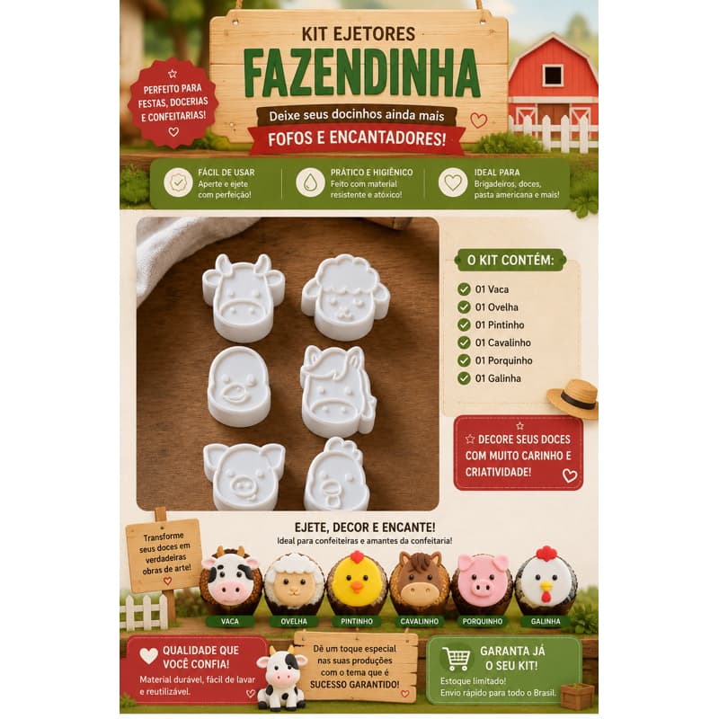 Kit 6 Ejetores de Docinhos Fazendinha – Moldes para Brigadeiro, Doces e Confeitaria Festa Infantil