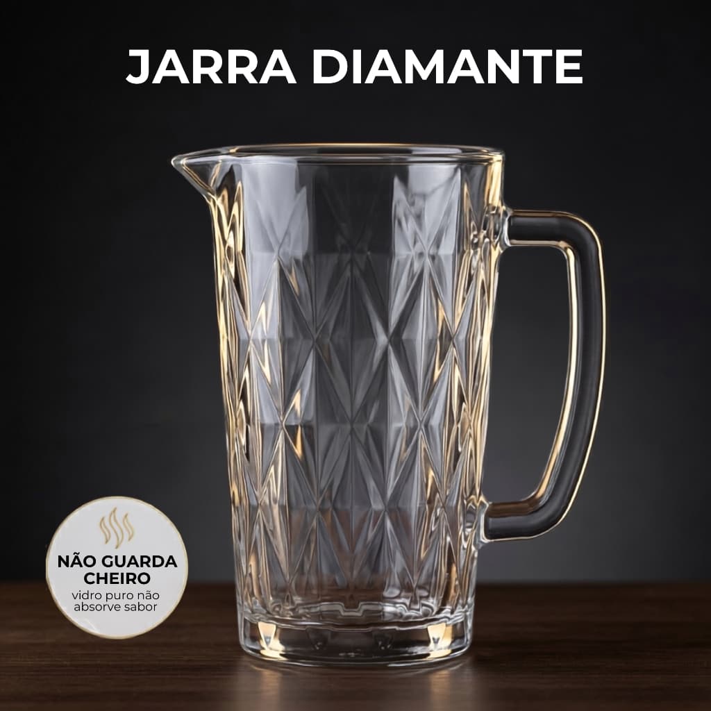 Jarra Copo De Vidro Diamante Premium 1L Transparente - Suco Água Refrigerante Almoço Jantar Café