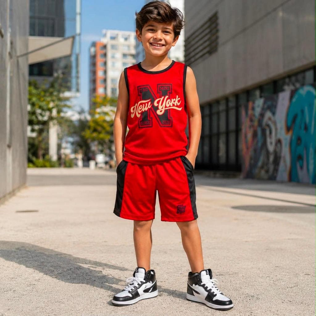Conjunto Infantil Masculino Regata + Bermuda Vermelha Verão Juvenil