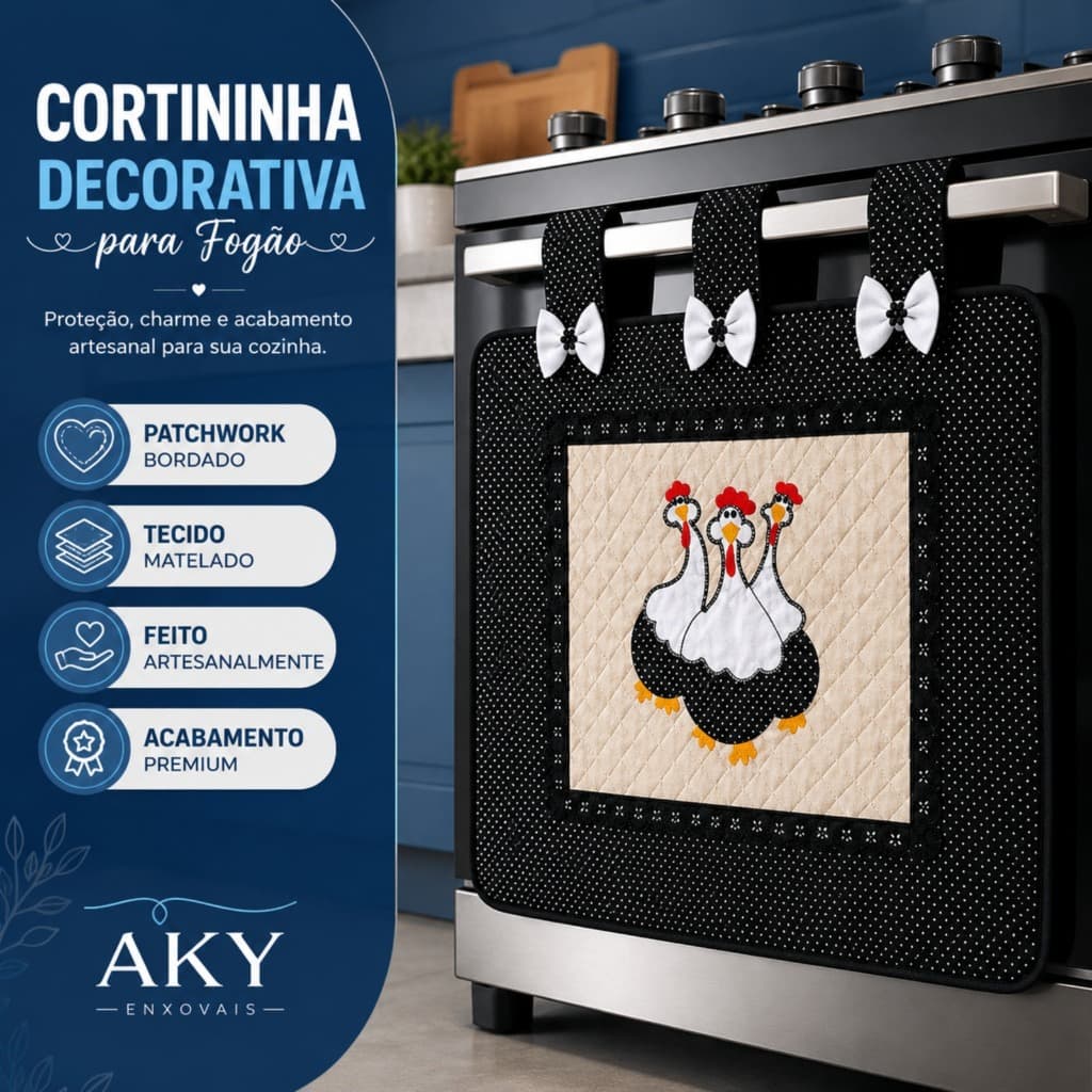 Cortina para Fogão Patchwork Bordada Matelada Decorativa 5 e 6 Bocas