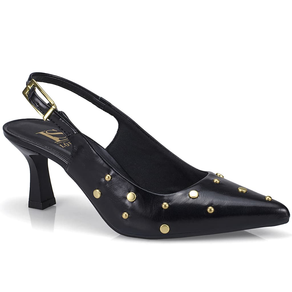 Scarpin Feminino Slingback Bico Fino Salto Taça Com Tachas Douradas E Fivela Lini Calçados