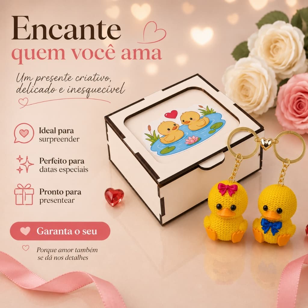 Presente Criativo para Casal Kit Pato do Sempre com Caixa MDF e 2 Chaveiros de Patinhos 3D