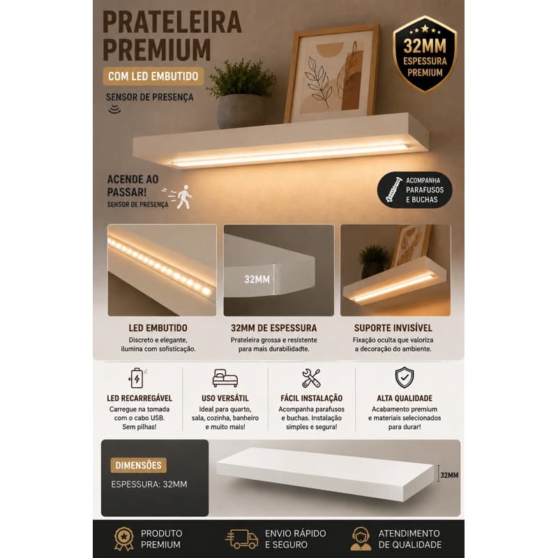 Prateleira Flutuante Premium 1,10m com LED Embutido e Sensor de Presença | MDF 32mm 100%MDF