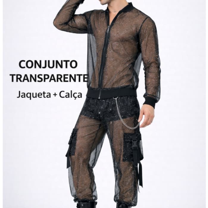 Jaqueta + Calça TRANSPARENTE Brilhante: EXCLUSIVO Look Festival CONJUNTO em tule/fantasia carnaval/parada orgulho gay