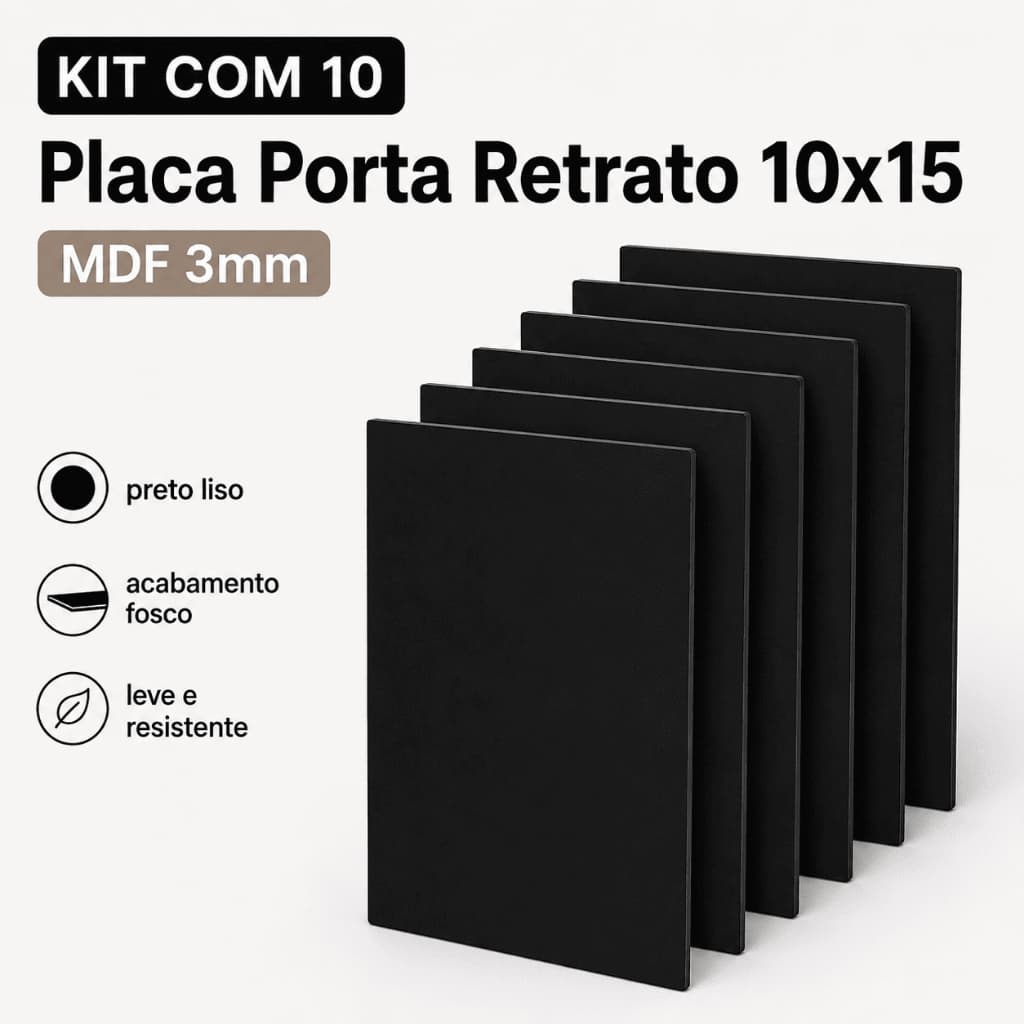 Kit Atacado Placa Porta Retrato 10x15 MDF 3mm Preto Liso com 10 20 ou 50 Unidades para Artesãos