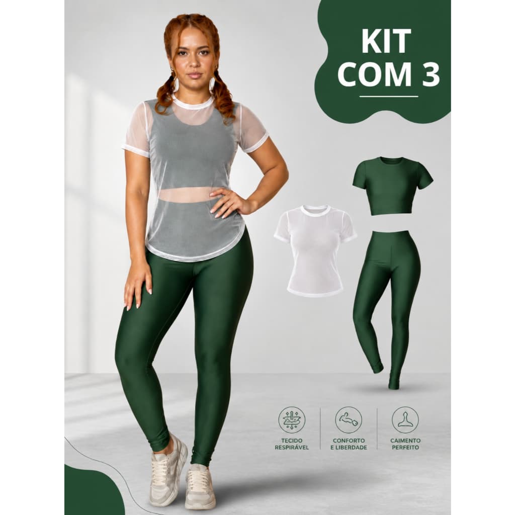 Kit para Academia Feminino de 3 Peças Cropped Frente Fechada + Calça Legging Cós Alto + Camisa Tule