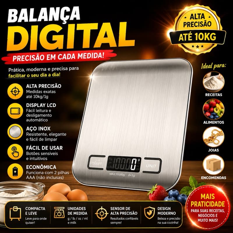 Balança de Cozinha Digital 10KG – Alta Precisão para Alimentos, Dieta Fit e Uso Diário