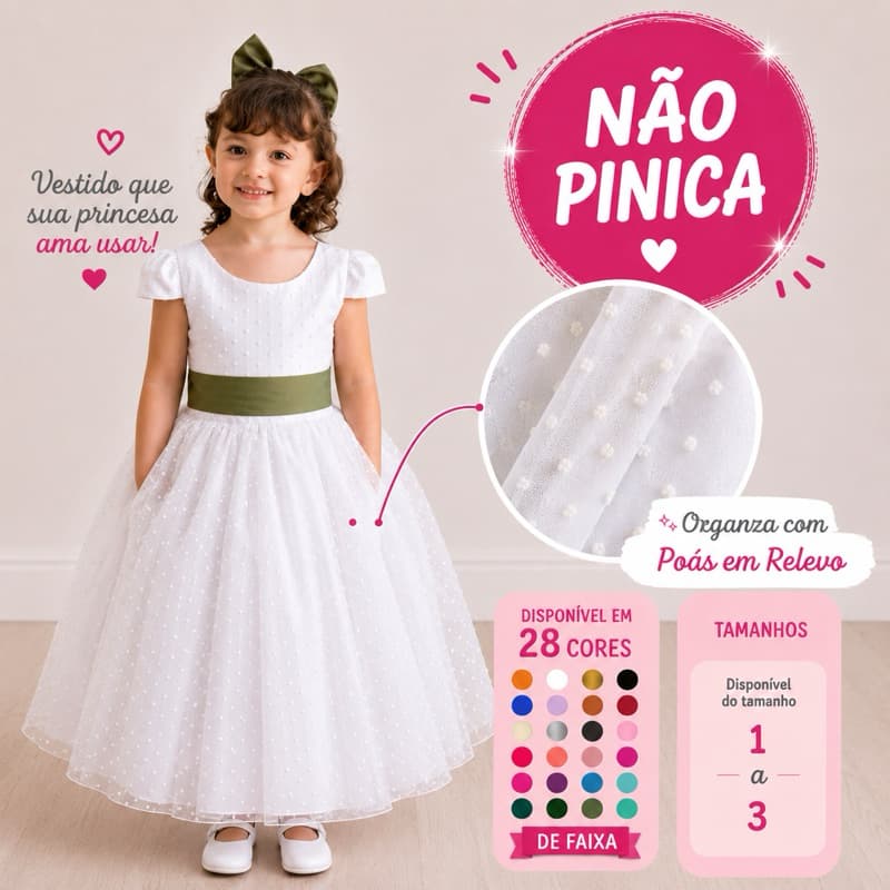 Vestido Longo Branco Pipoquinha Infantil 1 2 3 Festa Faixa 25 cores Dama de honra Florista REF4140