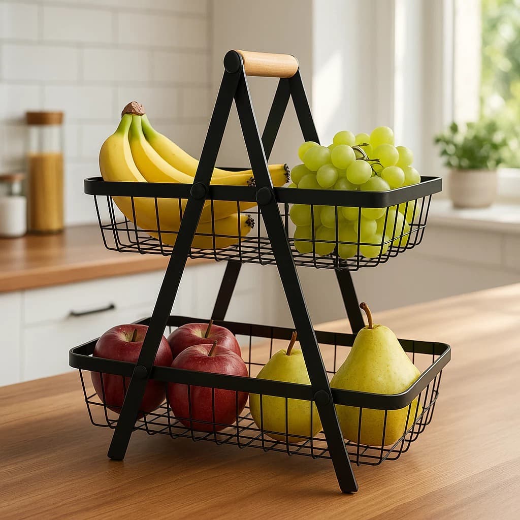 Fruteira de Mesa 2 Andares em Metal com Alça de Bambu Cesto Organizador de Frutas