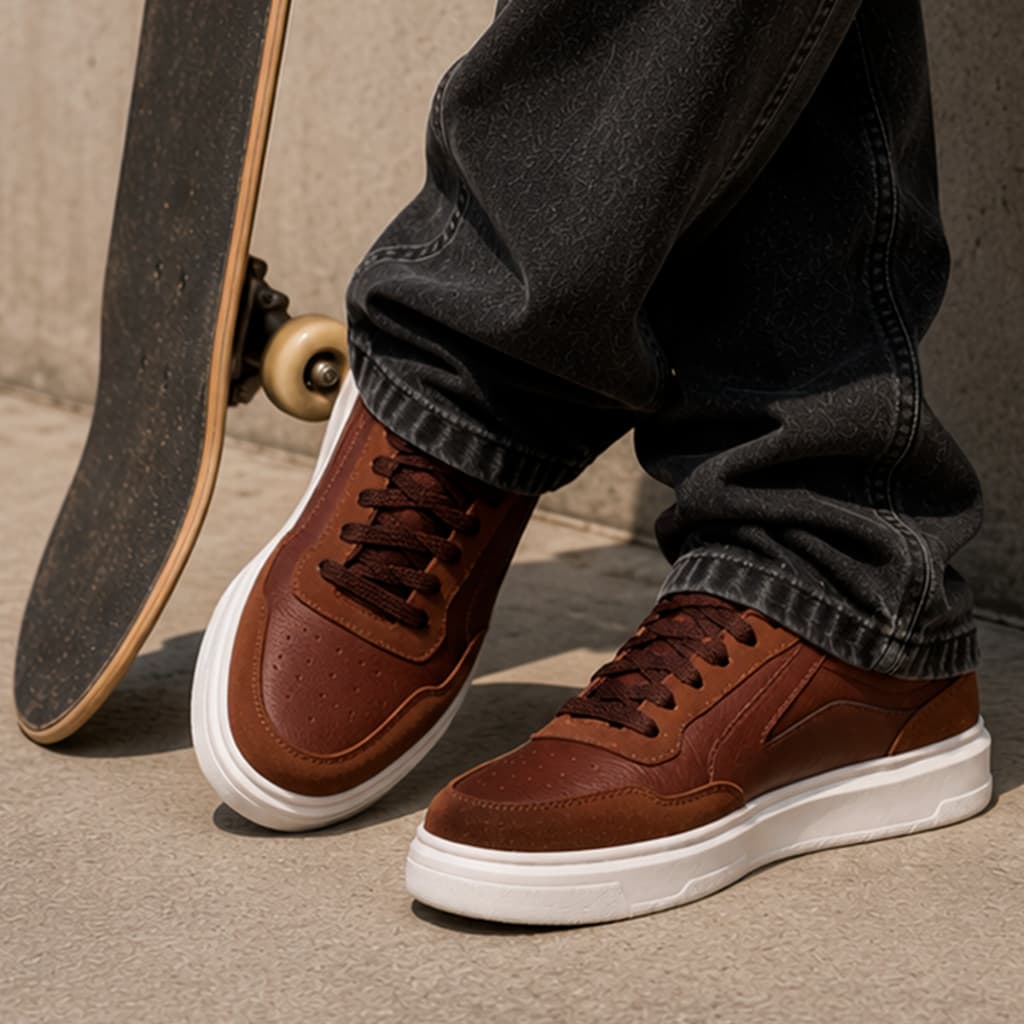 Tênis Masculino Café Marrom Sola Reta Street Tiger Original Skatista Couro Sintético Casual Sapatênis Básic Gym Academia