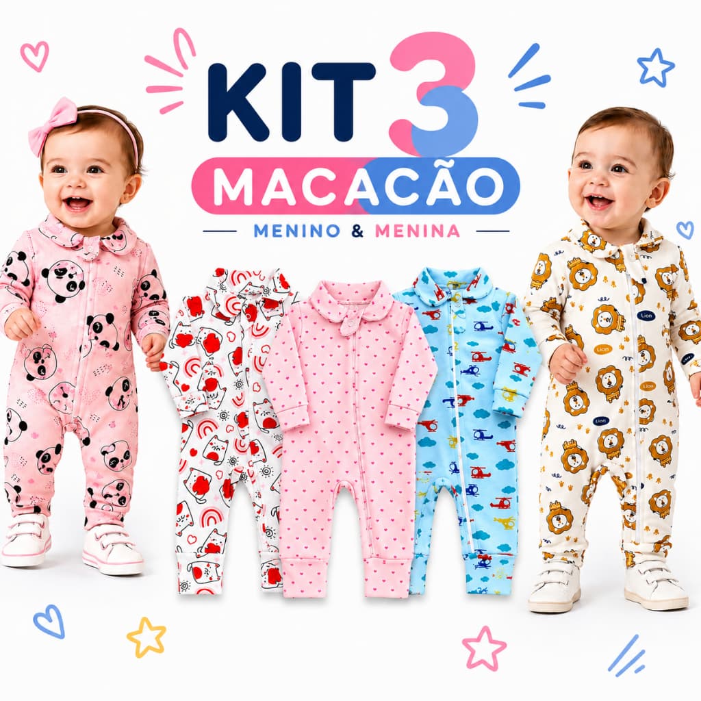 Kit 3 Macacão Longo Bebê Ribana Estampado 100% Algodão com Zíper Menino Menina RN P M G