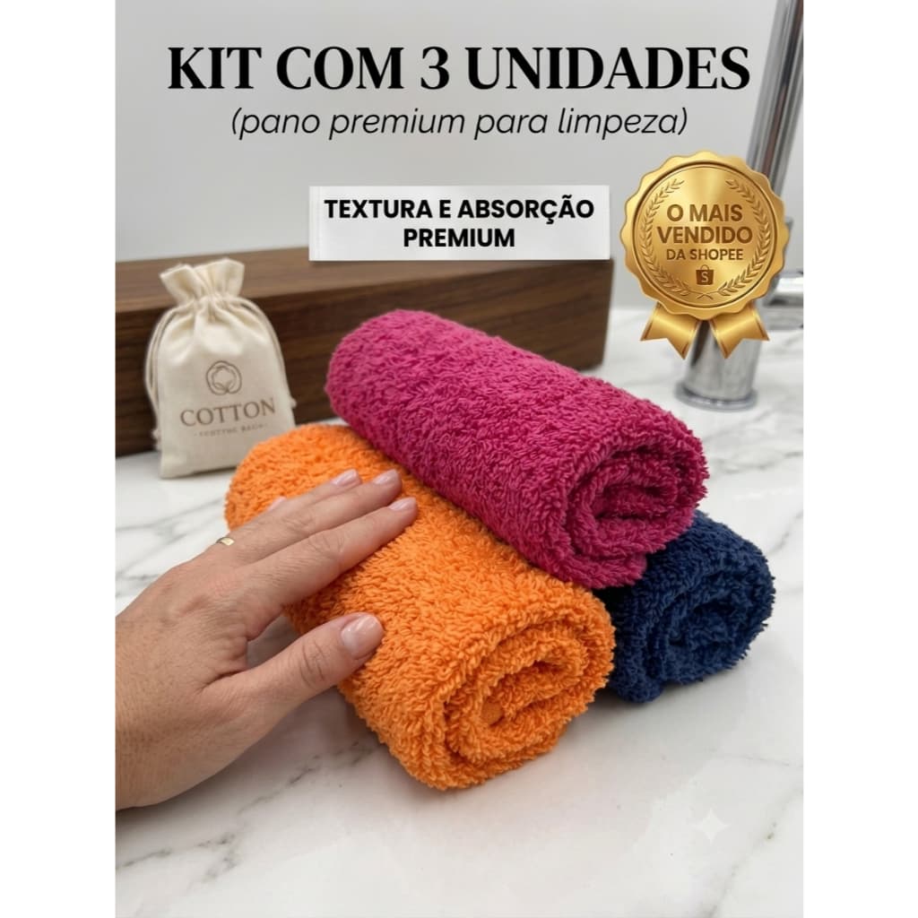 Kit 3 Panos de Algodão Premium para Limpeza Alta Absorção Multiuso Lava Seca Sem Riscos