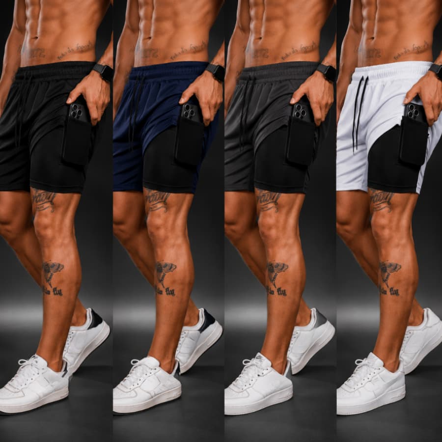 Kit 4 Shorts 2 em 1 PLUS SIZE P ao G3 Bermuda Masculina Academia duplo Compressão Bolso Celular Ultra Leve