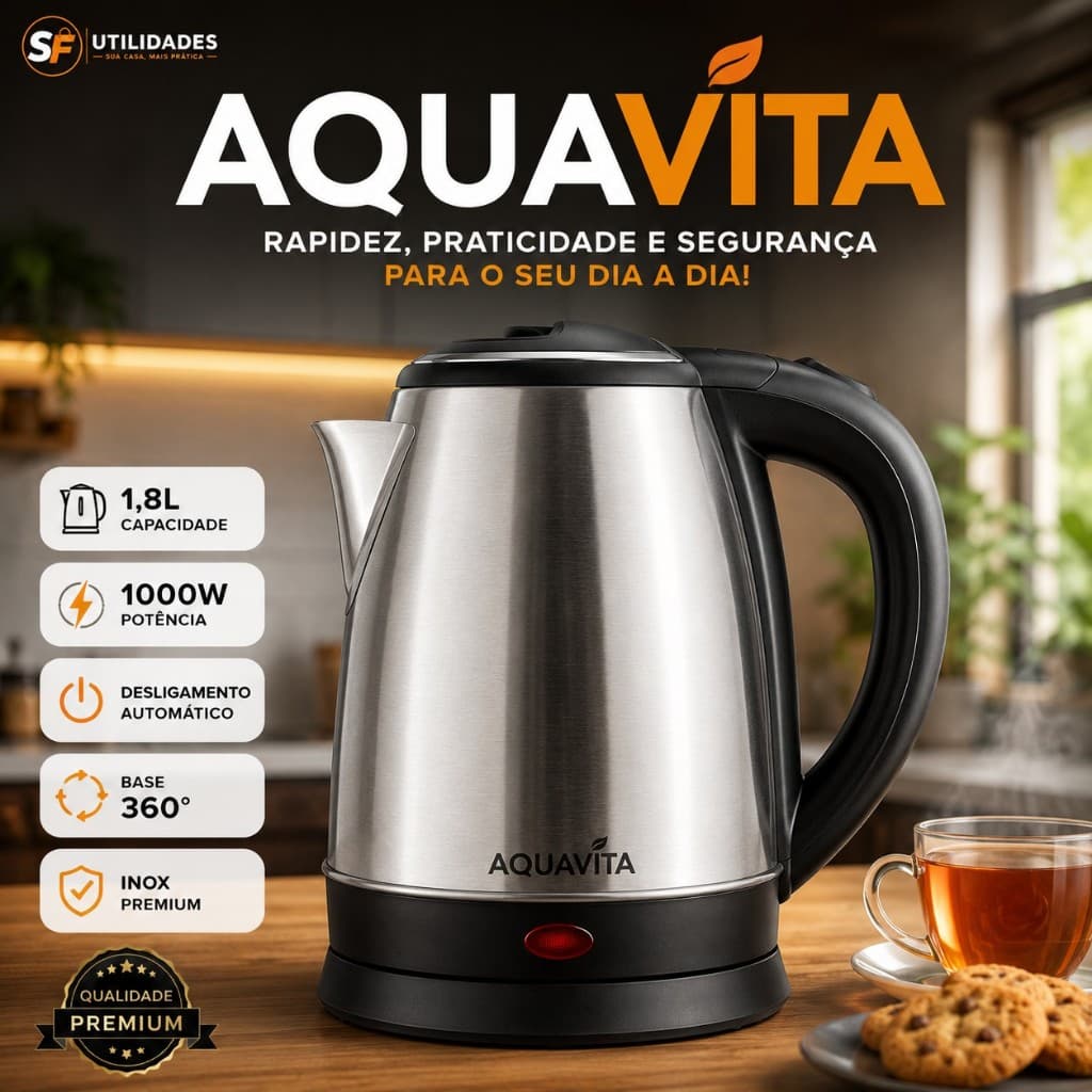 Chaleira Elétrica Inox 1,8L 1000W 127V Desligamento Automático Base 360° AquaVita