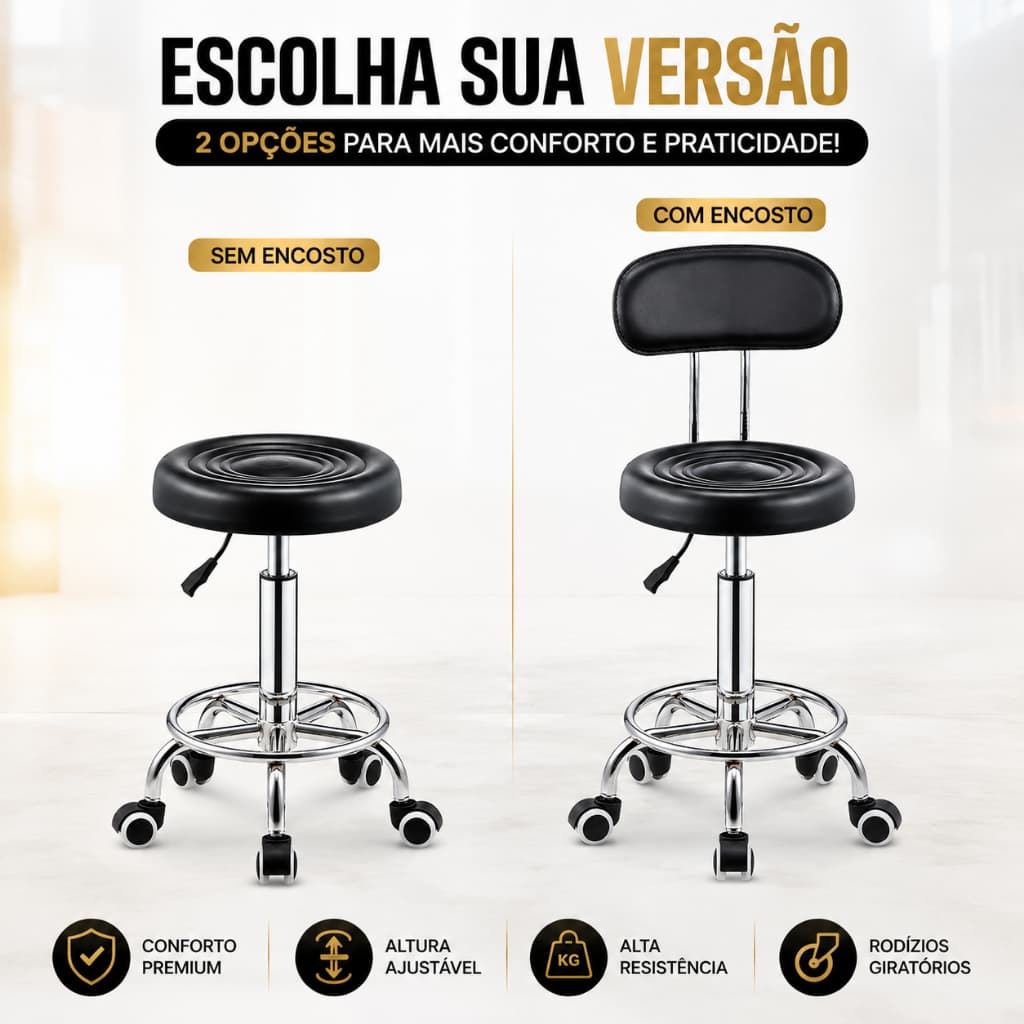 Banqueta Mocho Preta Cromada Cadeira com ou sem Encosto salão manicure spar estudio