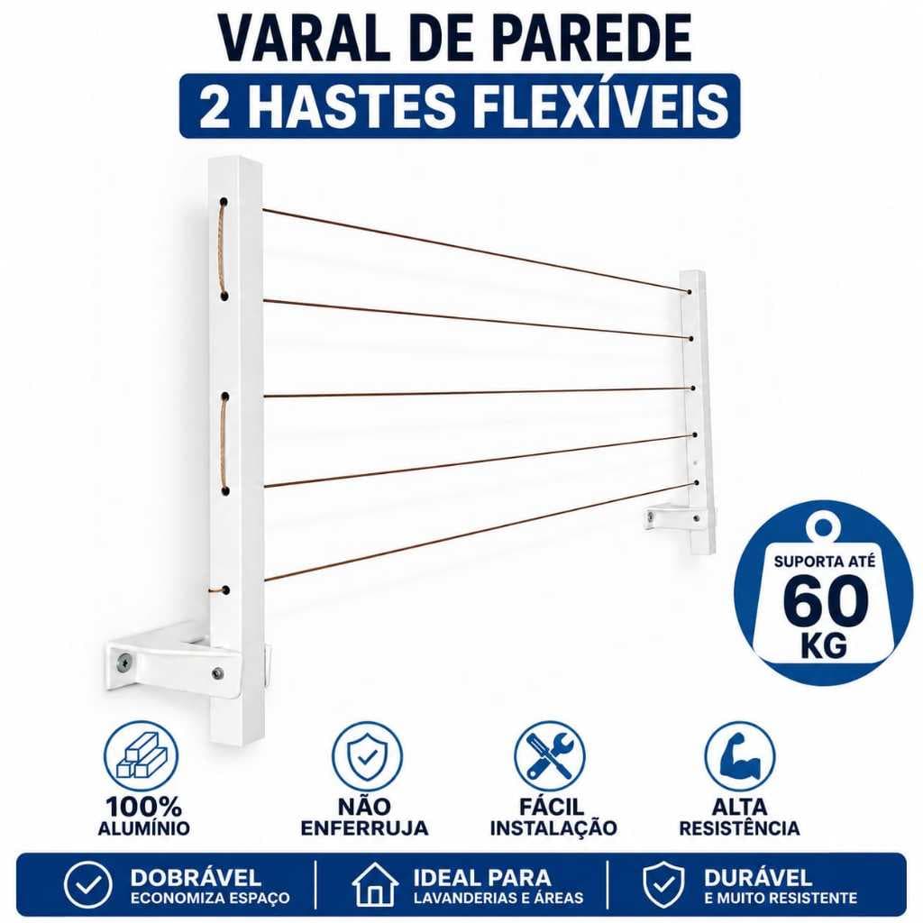 Varal de Parede Retrátil 2 Hastes Flexíveis Branco 100% Alumínio Reforçado Não Enferruja 60kg Parede Muro Apartamento
