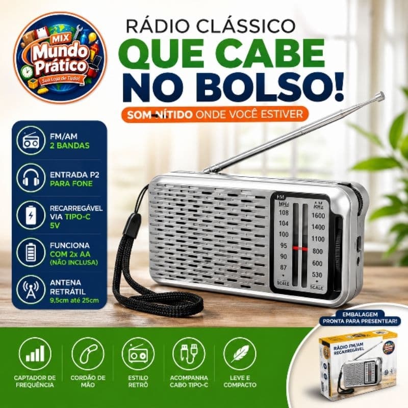 Mini Rádio De Bolso Portátil FM/AM 2 Bandas Retrô - (Cores Sortidas)