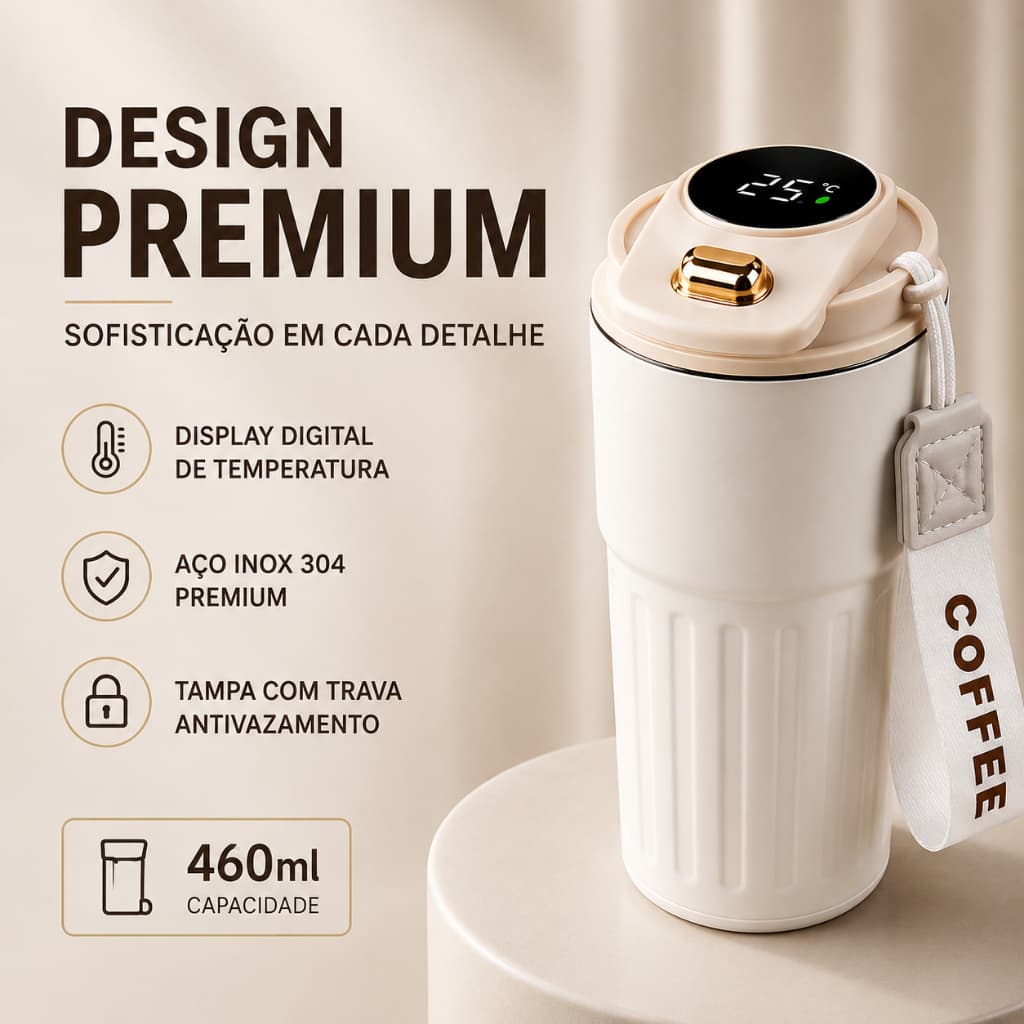 Copo Térmico Inteligente 460ml com Display Digital de Temperatura Aço Inox 304 Garrafa Térmica Antivazamento Portátil BP