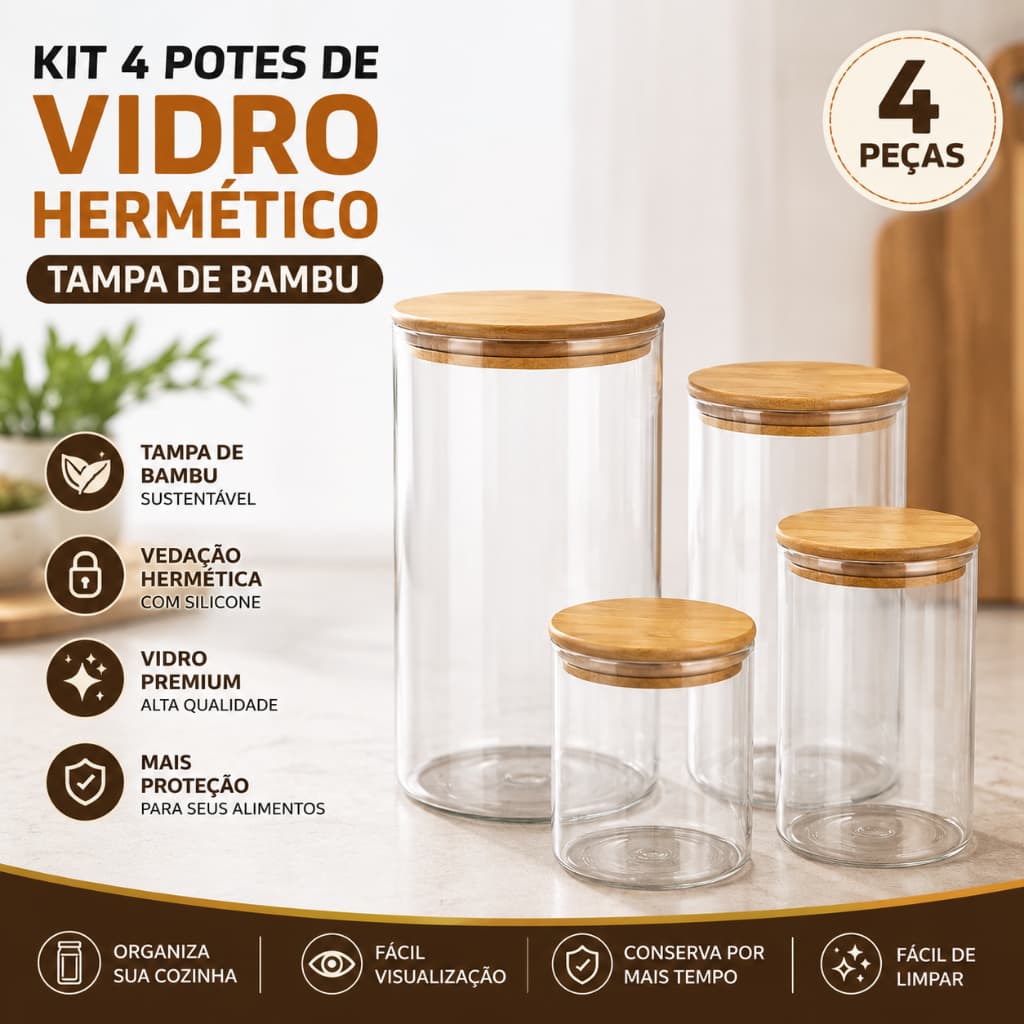 Kit 4 Potes de Vidro Hermético Redondo com Tampa de Bambu Porta Mantimentos Organização de Alimentos