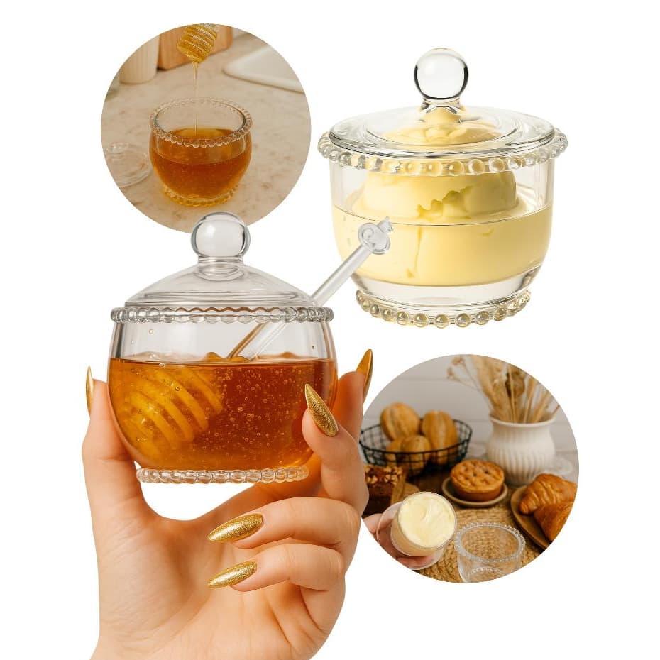 Kit Jogo Meleira e Manteigueira Cristal Pearl Wolff Porta Manteiga Mel Bolinhas Mesa Posta Café Da Manhã Luxo