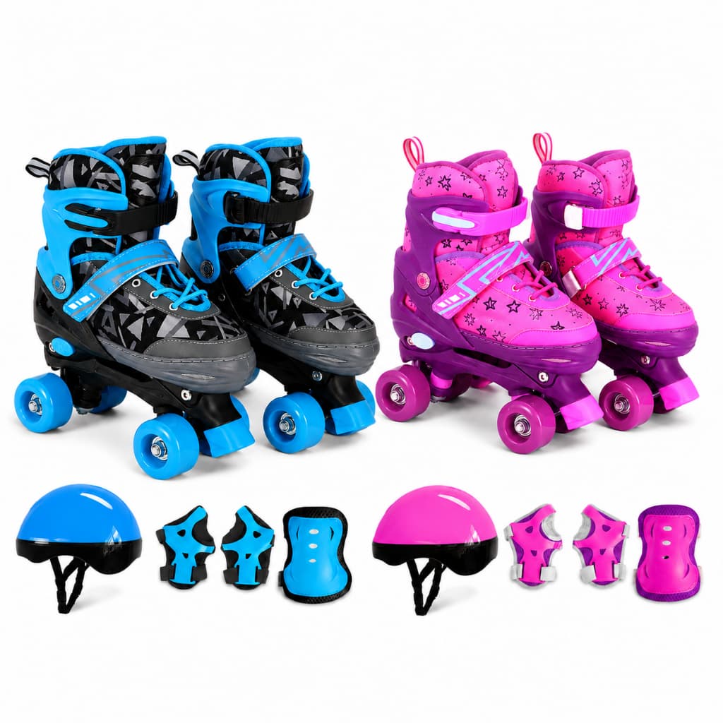 Patins Roller Infantil Ajustável 4 Rodas Rosa ou Azul com Capacete e Kit de Proteção Completo P M G