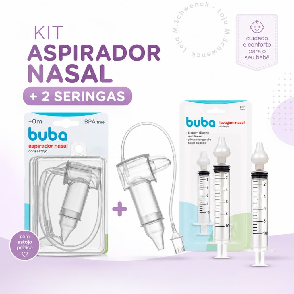 Kit Higiene Aspirador Nasal Com Estojo + 2 Seringa Bico de Silicone Limpeza Bebê Infantil Original Buba