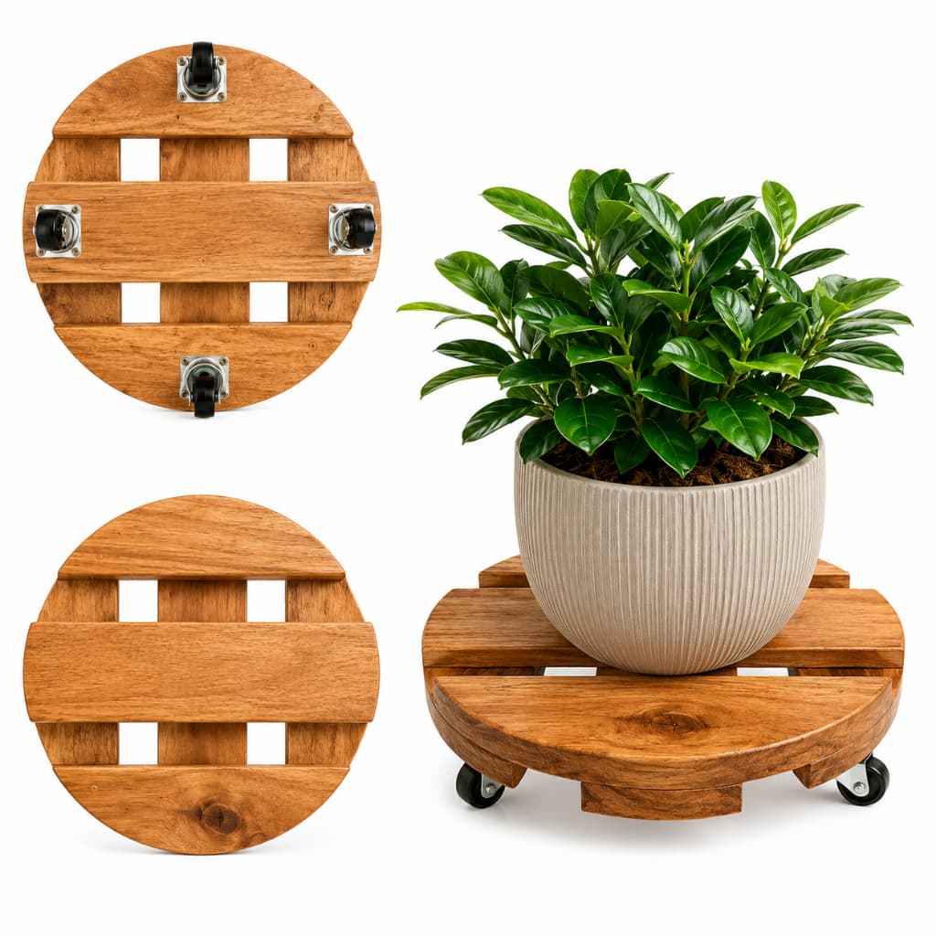 Suportes Redondo Madeira Para Vasos Plantas Com Rodinhas Giratória Para Vaso De Planta, Botijão, Galão de água 25x25cm