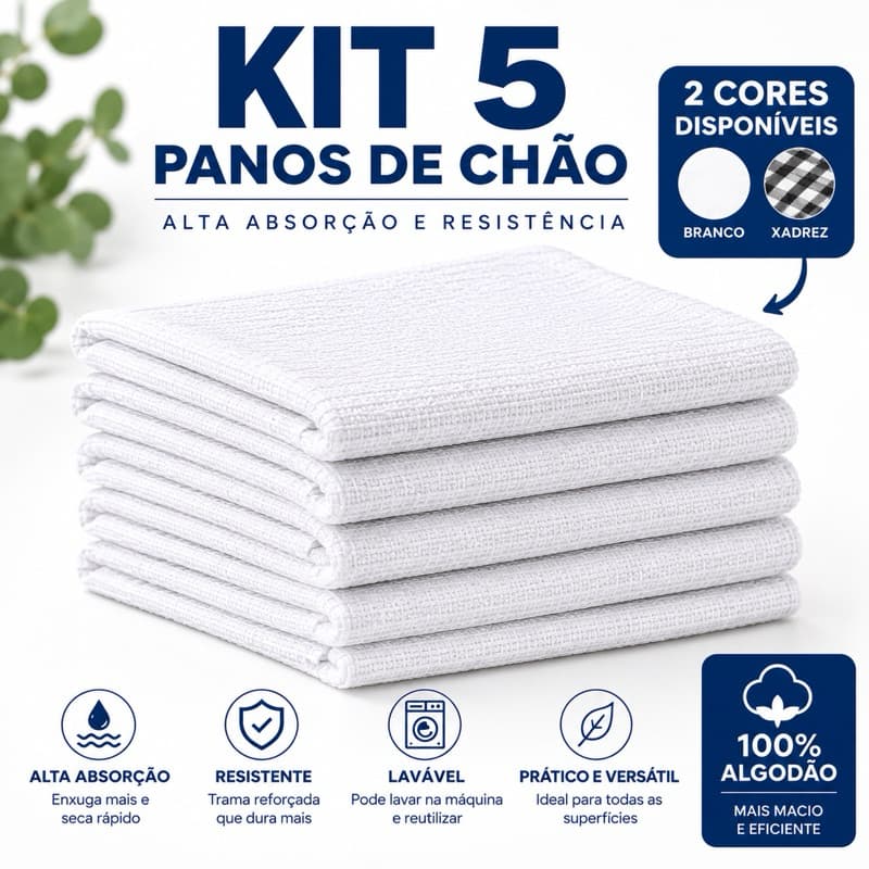 Kit 5 Panos de Chão Branco e Xadrez 45x65cm Alta Absorção Multiuso