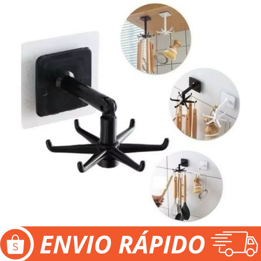Kit 1/2/3/4 Ganchos Porta Utensilios Cozinha Parede Talheres Suporte Giratorio Gancho Adesivo 6 ganchos rotativos 360°