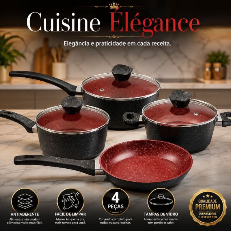Conjunto de Panelas Antiaderente Cuisine Élégance 4 Peças Alumínio com Tampa de Vidro Preto Vermelho