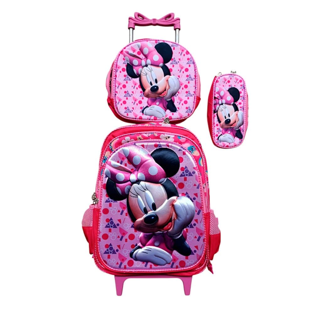 Kit Mochila Escolar Infantil com Rodinhas Minnie em Alto Relevo + Lancheira Térmica + Estojo Escolar