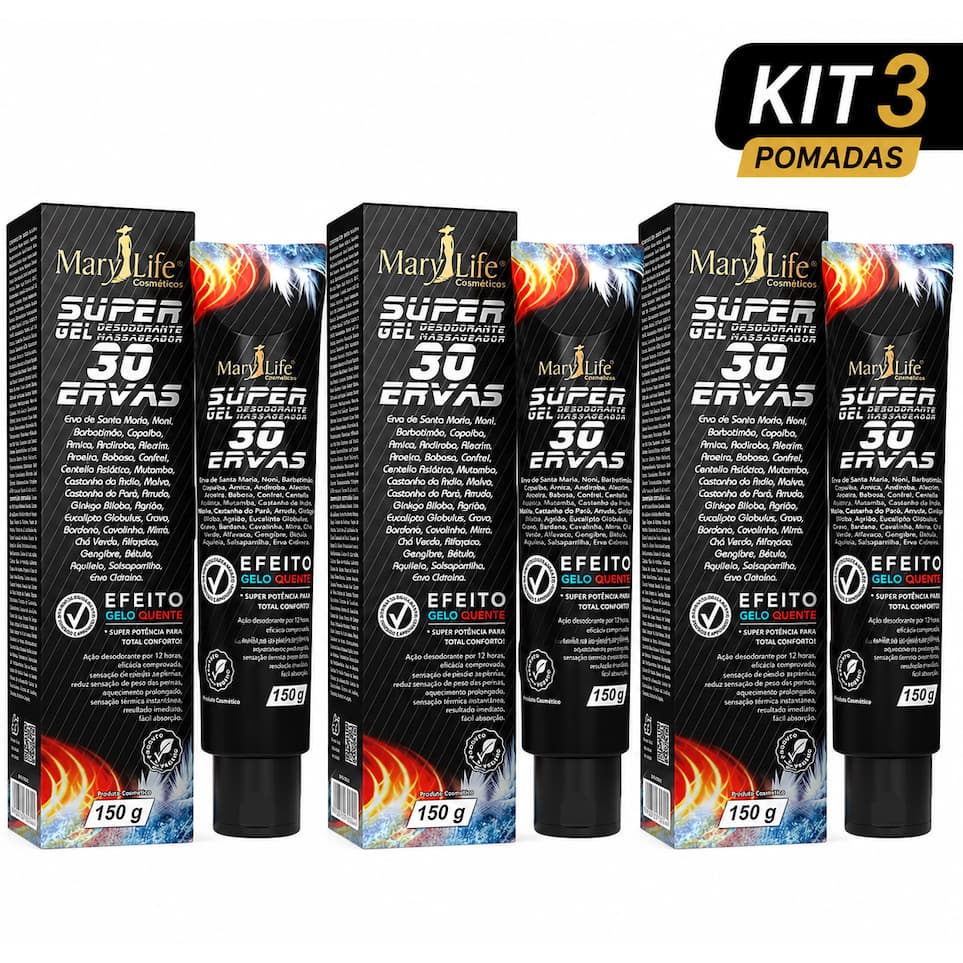 Kit 3 Unidades Super Gel 30 Ervas 150g Mary Life Massagem Gelo Quente
