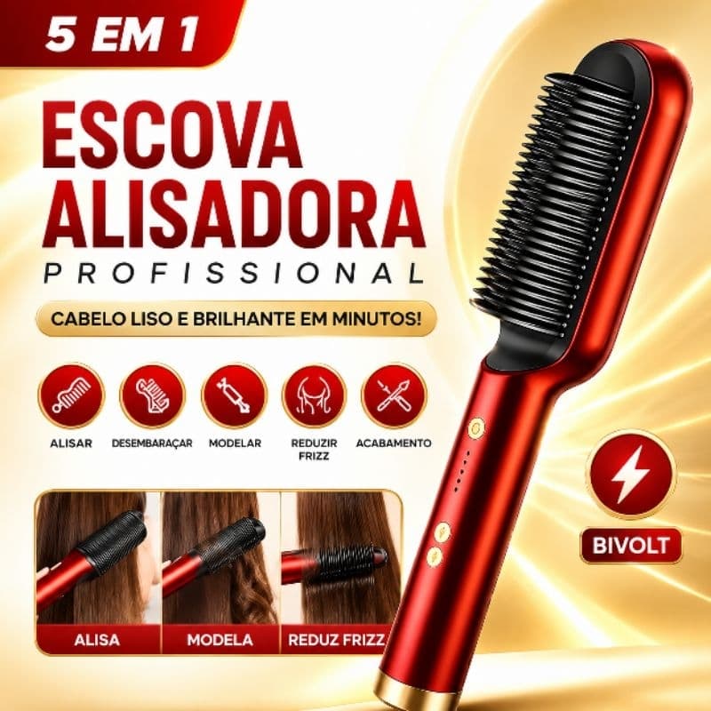 Escova Alisadora Elétrica Profissional 5 em 1 Bivolt | Pente Alisador Anti Frizz Modelador de Cabelo Aquecimento Rápido