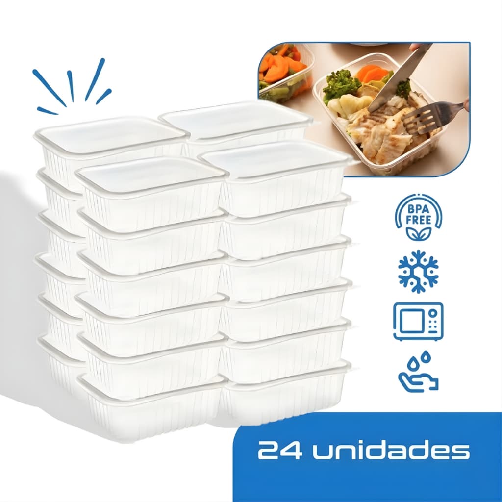 24 Marmitas 250ml e 500ml Fit Pote Descartável Retangular Plástico Freezer Microondas com Tampas