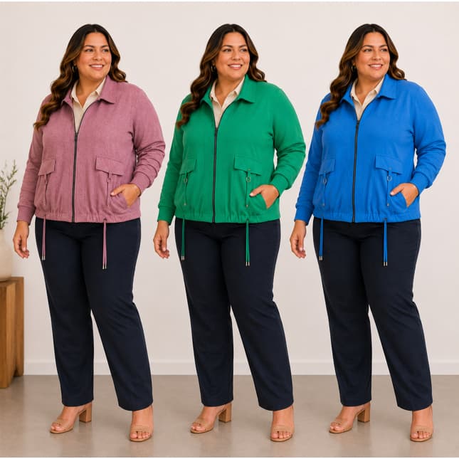 Jaqueta Feminina Plus Size em Lãzinha com Botões e Bolsos